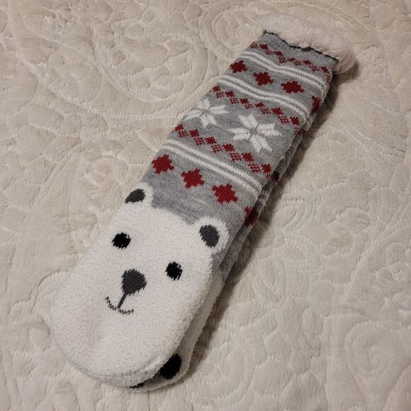 Sherpa Critter Slipper Socks Cute Polar Bear Fair Isle NonSlip Soles OSFM New - Picture 3 of 5